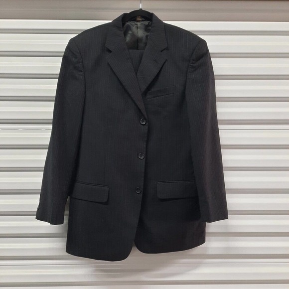 Montefino Uomo Suit Men 40R Black Stripe Merino Wool Single Breast Blazer Slacks